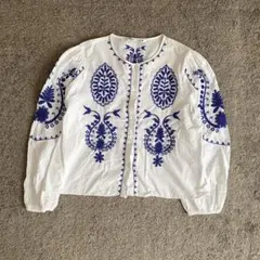 ZARA ザラ ボリュームスリーブ コットン 刺繍ブラウス Lサイズ