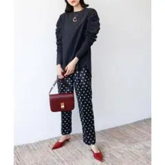 ELFRANK ドットジャガードセンタープレステーパードパンツ 水玉 ブラック