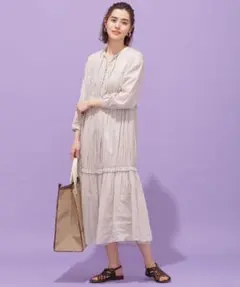 O625ナノロングシャツワンピースティアード七分袖グレー無地コットン綿リネン麻春