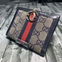 GUCCI グッチ 財布 二つ折り Wホック レザー GGバックル ネイビーのサムネイル