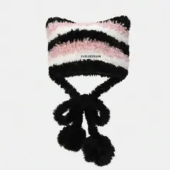 猫耳ニット帽　黒×白×ピンク