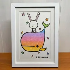 「 クジラさんに乗って」｜絵画 原画 抽象画 絵 動物画 ドローイング うさぎのサムネイル