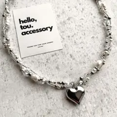 淡水パールシルバービーズネックレス　ステンレスハート　ねじりデザイン