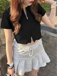 GRLダブルジップリブニットトップス ブラック F