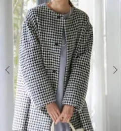 ROPE PICNIC 千鳥格子柄 ノーカラーコート ジャケット モノトーン