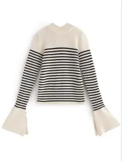 新品タグ付き　ボーダー柄バックリボンフレアスリーブニットトップス[k9205d]