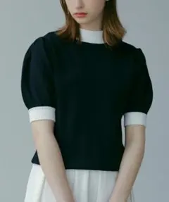 ネイビー パフスリーブ ニット 半袖