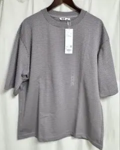 新品未使用ユニクロUエアリズムコットンオーバーサイズボーダーTシャツ グレーXL