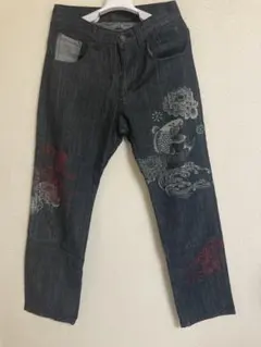 VOMANIE 和柄 プリント 刺繍 デニムパンツ
