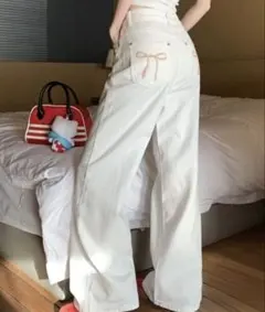 DIAVEL ディアベル バックリボンデザインデニムパンツ L ホワイト ピンク