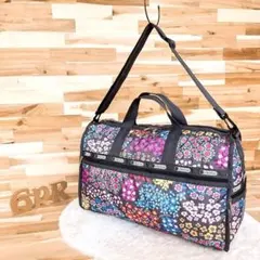 美品【レスポートサック】カラフル フラワー ボストンバッグ 花柄 グレー×ピンク