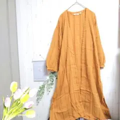 ユニクロ　ロングカーディガン〚M〛マスタード 長袖 ゴールド刺繍　薄手ボタンレス