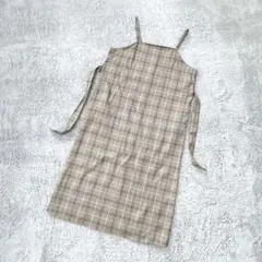 チェックキャミワンピース ベージュ ポケット付き ゆったり 体型カバー 綺麗め