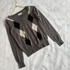 【レプシィム】（M）ウール混 アーガイルチェック ニットカーディガン 総柄 長袖