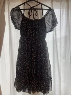 ガーリー　ブラック　花柄　半袖　ワンピース・チュニック　フリーサイズ