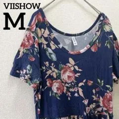 希少✨️VIISHOW【M】ロングワンピース ネイビー 花柄 半袖 ポケット付き