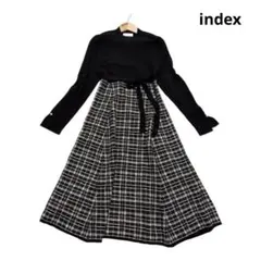 【index】リブニット チェック フレアワンピース ドッキング パール