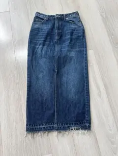 デニムタイトスカート ダークブルー フリンジ裾