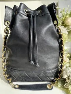 シャネル　ブラックレザー ドローストリングバッグ CCロゴ　#シャネル