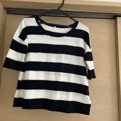ネイビーとホワイトのストライプ五分袖トップス S