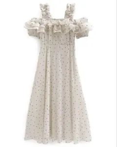 ドット柄フリルオフショルダーフレアロングワンピース[ru1165]