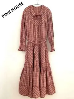 《PINK HOUSE》赤チェック ロングワンピース パッチワーク フリル 秋冬