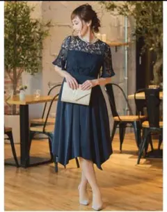 ネイビー レース袖 Aライン パーティードレス