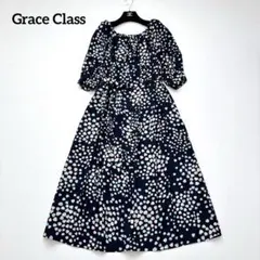 美品✧グレースクラス 2024 ランダムハートドレープワンピース ネイビー 36