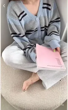 LOWRYSFARM 水色とブラウンのストライプカーディガン