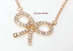 18K RGP ゴールド ダイヤ CZ リボン ネックレス pn3563