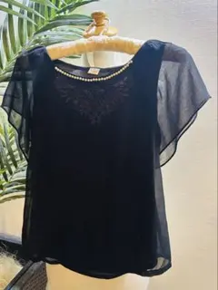 美品インポート黒パール付き希少XS小さいサイズ裏地付き高級シフォン袖フリル刺繍