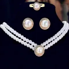 パールピアス & パールネックレス＆パール指輪★ビジューラインストーンネックレス