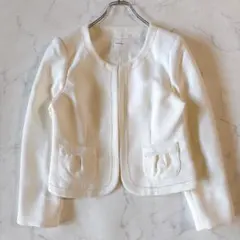 【美品】noannu ノアンヌ ツイード ノーカラー ジャケット 白 15ABR