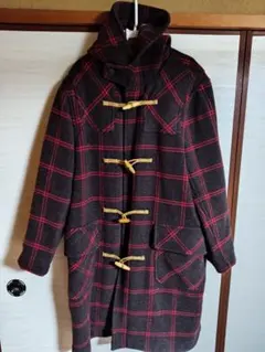ダークグレー 赤 チェック ダッフルコート