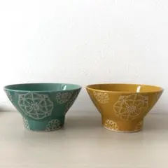 くらわんか碗　ステッチ　茶碗　グリーン&イエロー　2個セット　波佐見焼　日本製のサムネイル