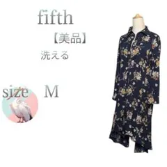 美品【フィフス】洗える 長袖 スキッパーロングワンピース 花柄 ネイビー M
