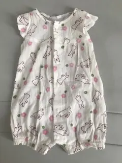 ウサギと花プリントのロンパース　70サイズ