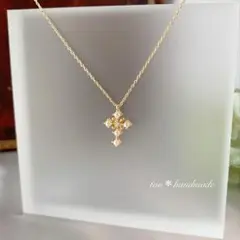 パール＊クロスネックレス　14kgfチェーン変更可 ゴールド 真珠 十字架 華奢