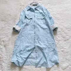 ページボーイ　デニムシャツワンピース　M　ミディ丈　羽織り　花柄裏地　春夏コーデ