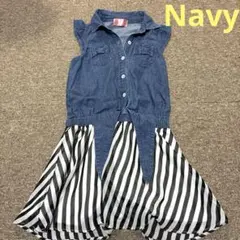120㎝、Navy.デニム ノースリーブ ワンピース ストライプ.のサムネイル