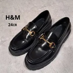 【人気商品】H&M ブラック 厚底ローファー ゴールド金具 38