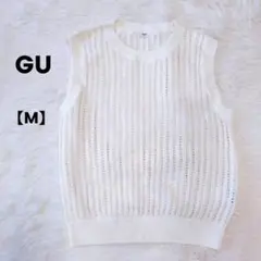 GU　サマーニット　メッシュ　クルーネックショートセーター　麻入り　アイボリー