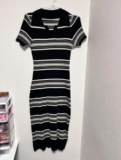 DAZYボーダー柄 半袖 ロングニットワンピース ブラック