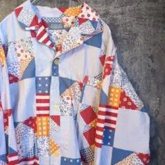ビンテージ90s　パッチワーク柄　長袖シャツ　レトロポップ　パジャマシャツ