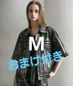 CLEL 箔プリント トラッカーデザインデニムシャツ S インディゴブルー