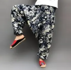 新品　リネン　麻　花柄　総柄　サルエルパンツ　アラジン　裾ゴム　イージーパンツのサムネイル