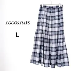 ロゴスデイズ チェック柄 フレアスカート 裏地付　ゆるだぼ　グレーネイビー　L