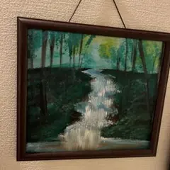 風景画 油彩 緑と青 木製フレーム
