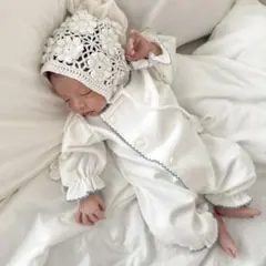 退院着　monbebブルーグローリーロンパース　ロングレッグ　ボンネットセット