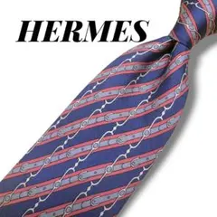 HERMÈS エルメス シルクネクタイ ホースビット 総柄 ネイビー フランス製